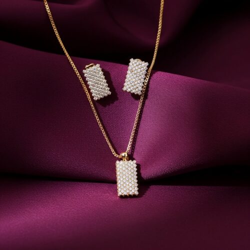 StudioShotOnVileotShot Sparkling Rectangle Pendant Set with necklace and matching earrings displayed on white background showing full brilliance of the stones